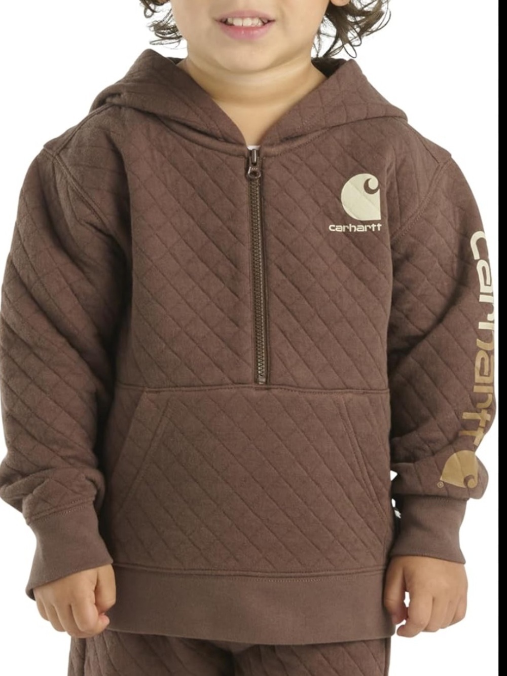 Carhartt Kids Brown Quilted Half-Zip Hoodie with Logo